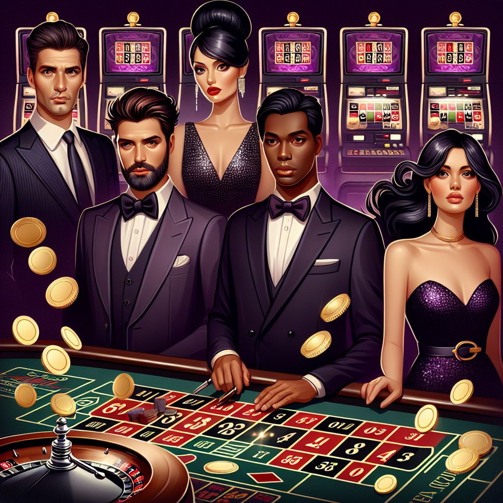 A177 Casino characters celebrating wins with slot machines and cards